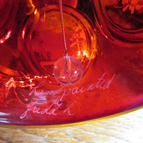 VTG Fenton Red Amberina Bell White Roses Hand Painted signed Frida - Picture 6 of 13